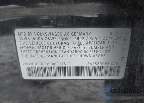 2008 Volkswagen Passat Vr6 из США, поврежденный, VIN WVWDU93C78E009115